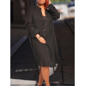 Lovely Casual Buttons Design Black Mid Calf Dress