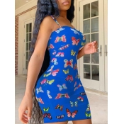 Lovely Sexy Spaghetti Strap Butterfly Print Blue M