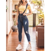 lovely Trendy Broken Holes Deep Blue Denim One-pie