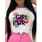 Lovely Casual O Neck Print White T-shirt