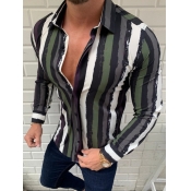 Men lovely Trendy Turndown Collar Striped Army Gre