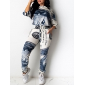 Lovely Trendy O Neck Print Grey Two-piece Pants Se