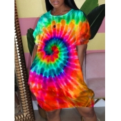 Lovely Casual O Neck Tie-dye Jacinth Knee Length D