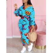 Lovely Leisure V Neck Lip Print Blue Two Piece Pan