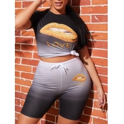 lovely Casual O Neck Gradient Lip Print Black Two 