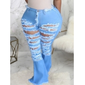 LW Plus Size Stretchy Broken Holes Baby Blue Flare