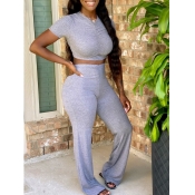 LW Casual V Neck Fold Design Grey Two Piece Pants 