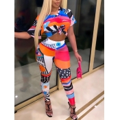 lovely Trendy O Neck Print Pink Two Piece Pants Se