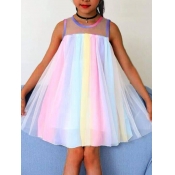 lovely Trendy O Neck Rainbow Striped Patchwork Mul