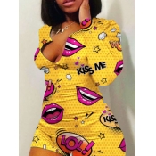 Lovely Leisure Lip Print Yellow One-piece Romper