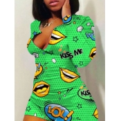 LW Leisure Lip Print Green One-piece Romper