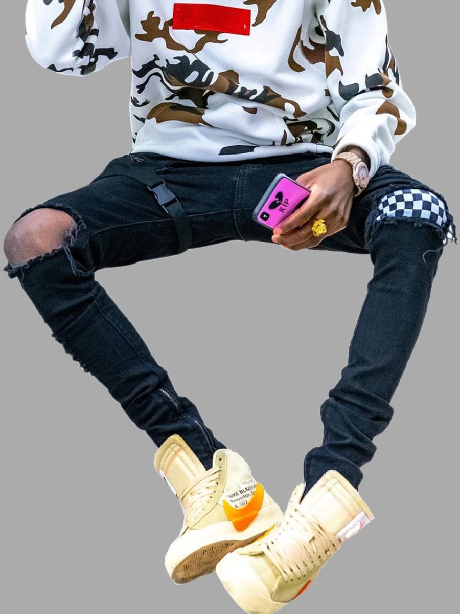 LW Street Broken Holes Patchwork Black Men Jeans