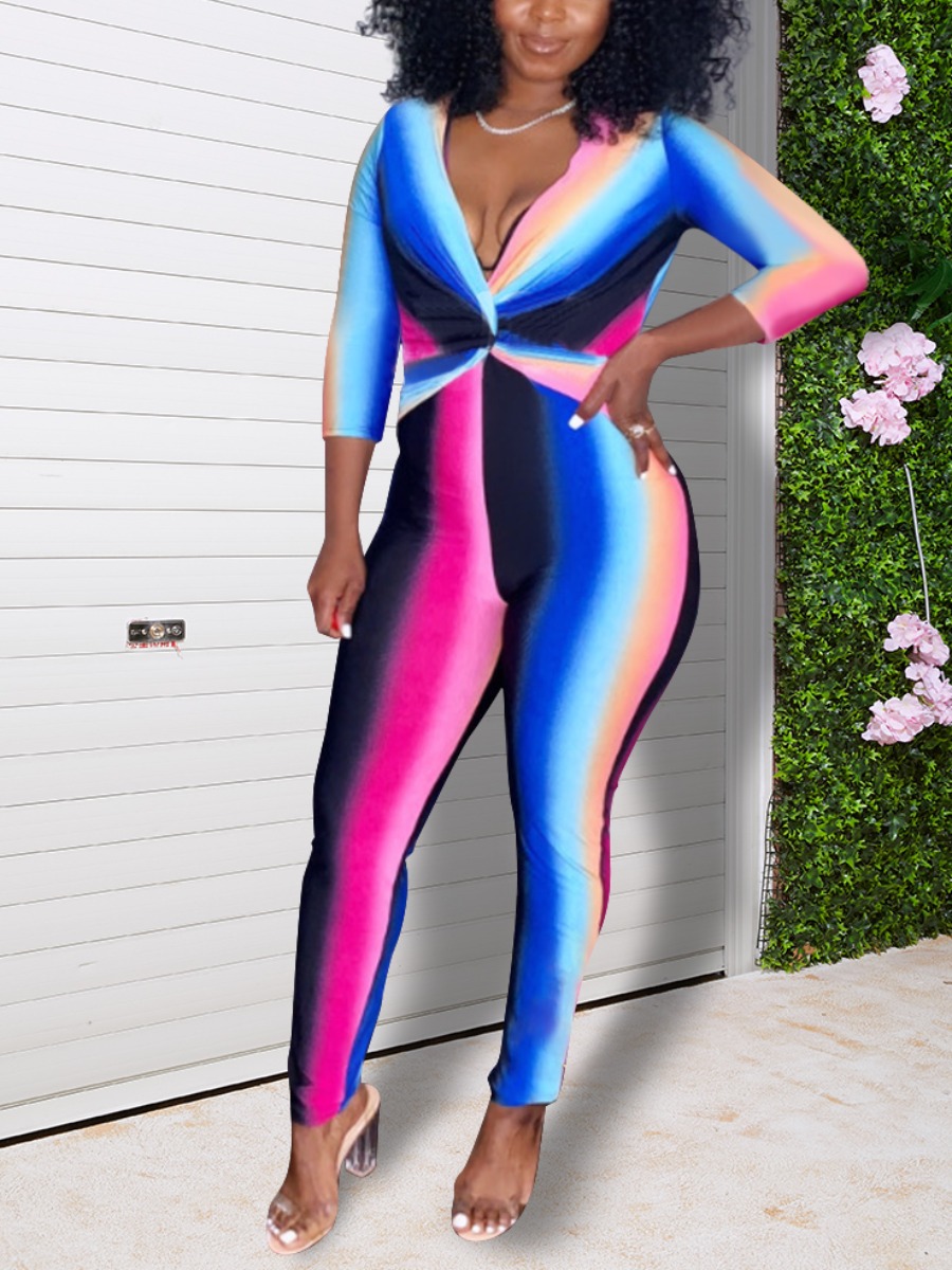 LW V Neck Gradient Striped Jumpsuit