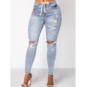 Lovely Casual Hollow-out Baby Blue Jeans