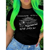 Lovely Casual O Neck Letter Print Black T-shirt