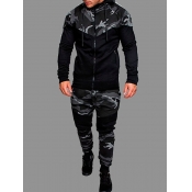LW Men Hooded Collar Camo Print Tracksuit Set