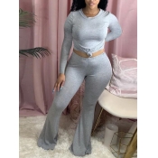lovely Casual O Neck Skinny Flared Grey Two Piece 