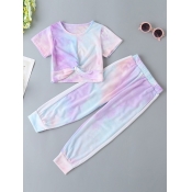 Lovely Street O Neck Tie-dye Purple Girl Two-piece
