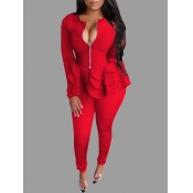 LW Casual Flounce Design Red Two Piece Pants Set