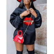 Lovely Casual Hooded Collar Lip Print Black Mini D