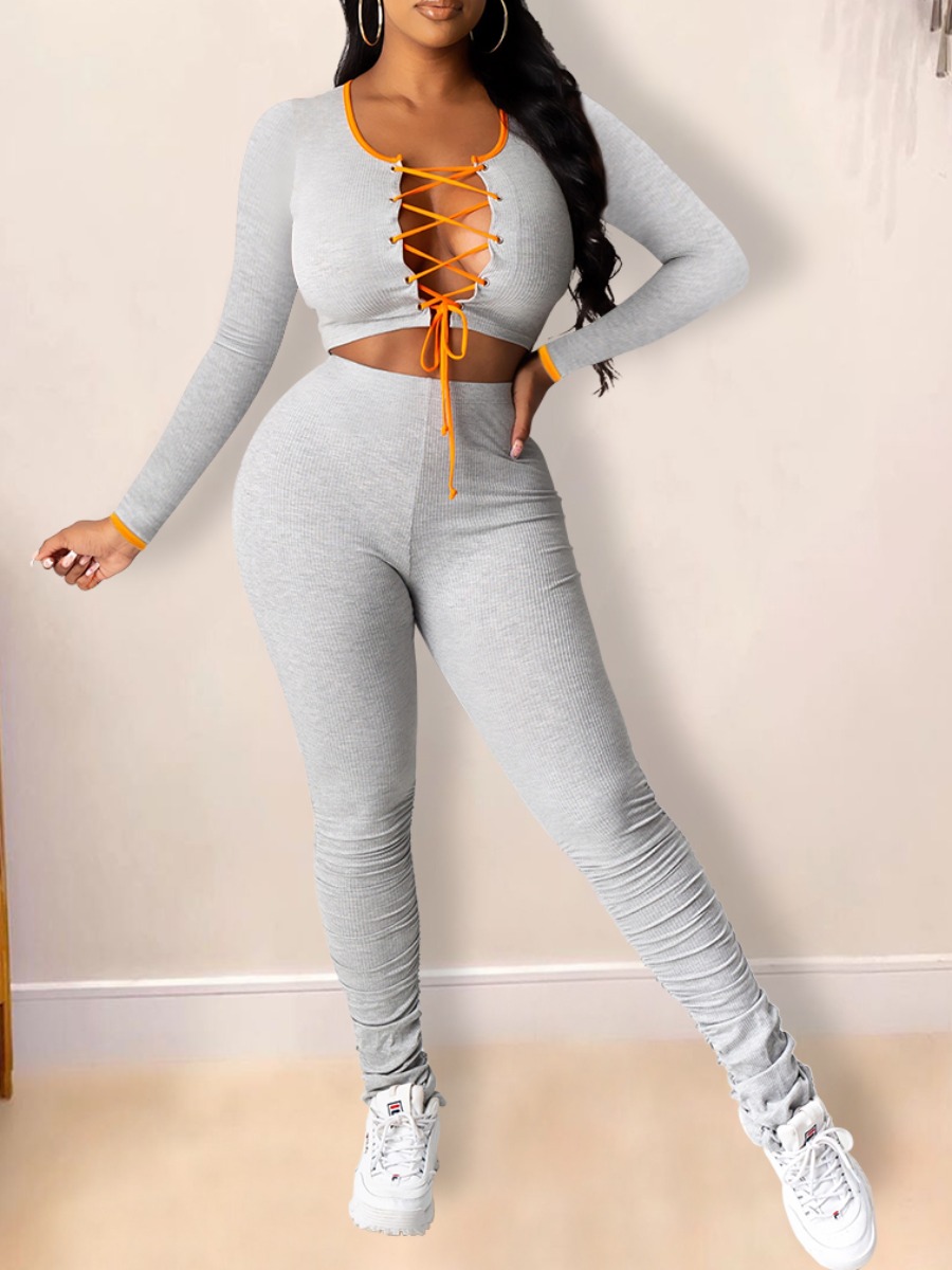 LW Crop Top Bandage Hollow-out Design Pants Set