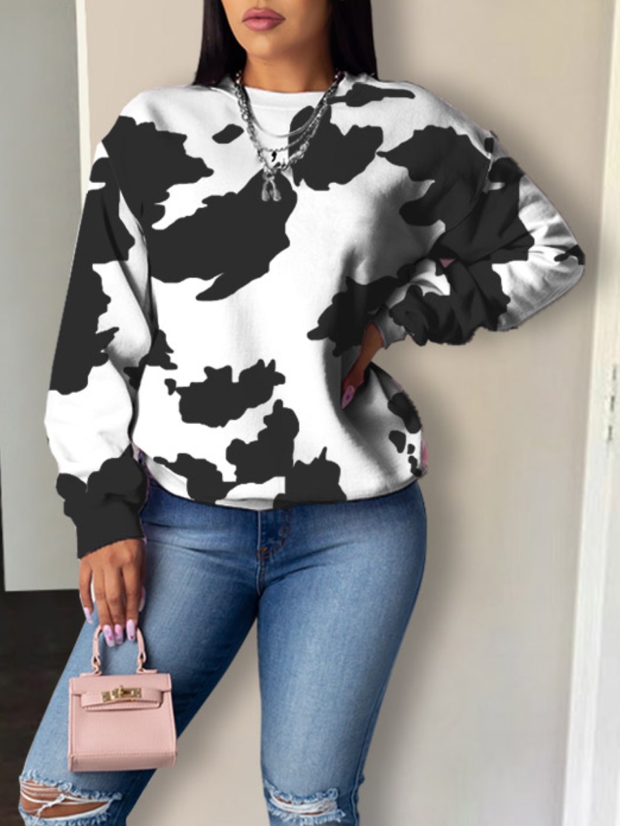 LW Round Neck Cow Print Sweatshirt