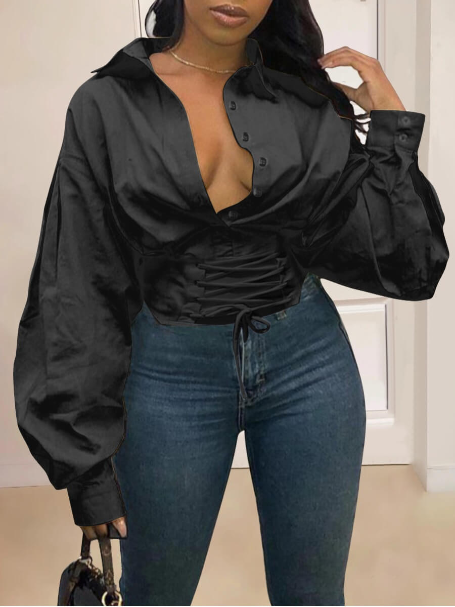 LW Trendy Turndown Collar Bandage Design Black Blouse