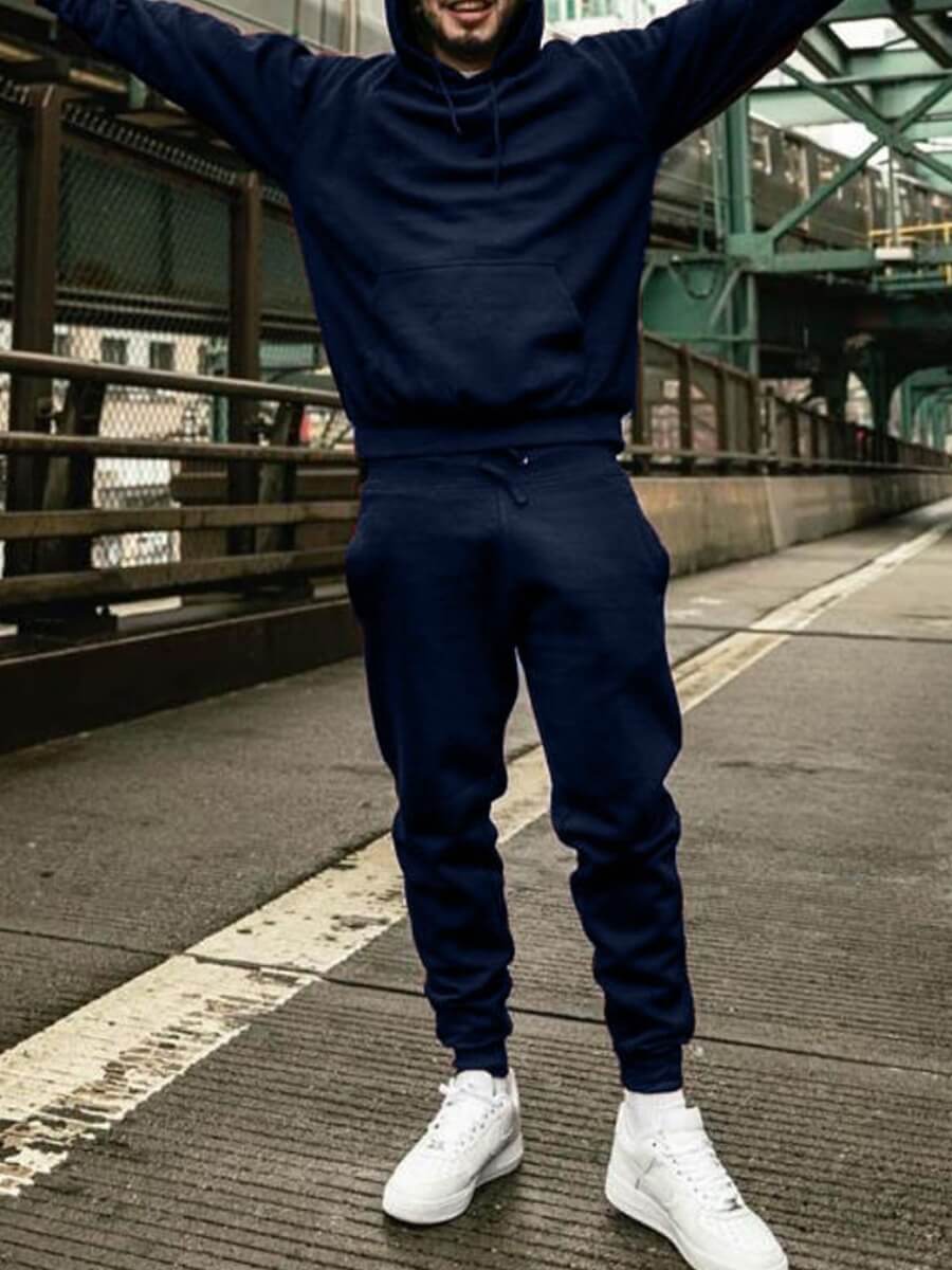 LW BASICS Men Hooded Collar Kangaroo Pocket Tracksuit Set
