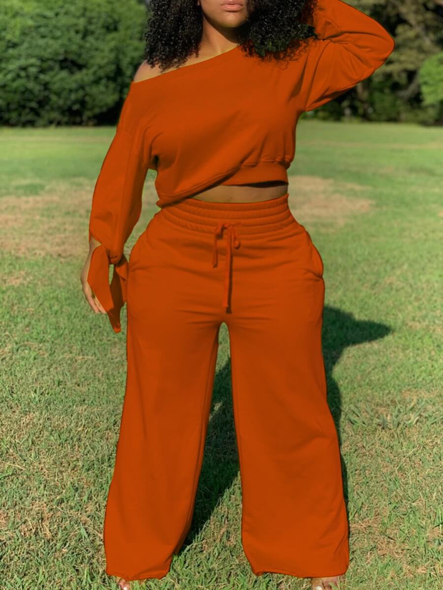 Lovely Plus Size Casual Drawstring Loose Orange Two-piece Pants Set