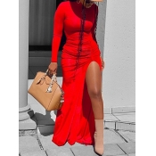 lovely Stylish Fold Design Side High Slit Red Dres
