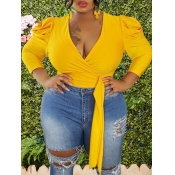 Lovely Trendy V Neck Lace-up Yellow Plus Size Blou