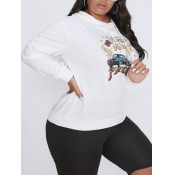 lovely Casual Hooded Collar Print White Plus Size 