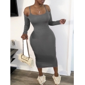 Lovely Casual Hollow-out Skinny Grey Mid Calf Dres