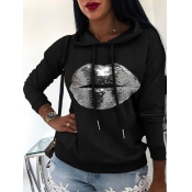 Lovely Casual Hooded Collar Lip Print Black Plus S