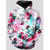 lovely Trendy Hooded Collar Plants Print Multicolo