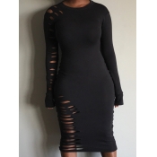 LW SXY O Neck Broken Holes Black Knee Length Dress