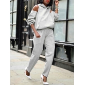 lovely Sportswear Hooded Collar Hollow-out Grey Tw