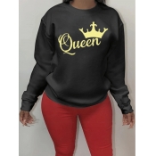 Lovely Casual O Neck Print Black Hoodie