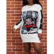 Lovely Street O Neck Print White Knee Length Dress