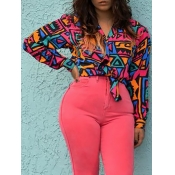 Lovely Casual Turndown Collar Print Rose Red Blous