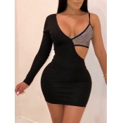 LW SXY One Shoulder Patchwork Black Mini Dress