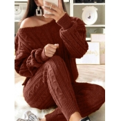 LW Casual O Neck Striped Wine Red Two Piece Pants 