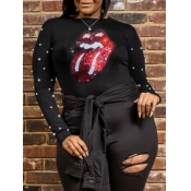 Lovely Plus Size Casual O Neck Lip Print Black T-s