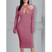 lovely Sexy Striped Hollow-out Pink Knee Length Dr