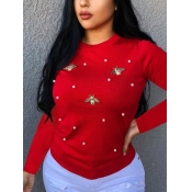 Lovely Casual O Neck Nail Bead Design Red Sweater
