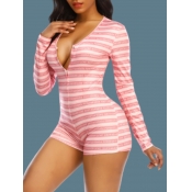 Lovely Leisure V Neck Striped Pink Sleepwear