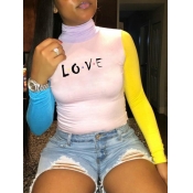 LW Plus Size Letter Print Color-lump Patchwork T-s