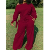 Lovely Leisure Drawstring Loose Wine Red One-piece