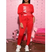 lovely Casual O Neck Letter Print Red Two Piece Pa