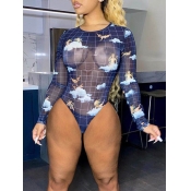 Lovely Sexy Print See-through Blue Bodysuit